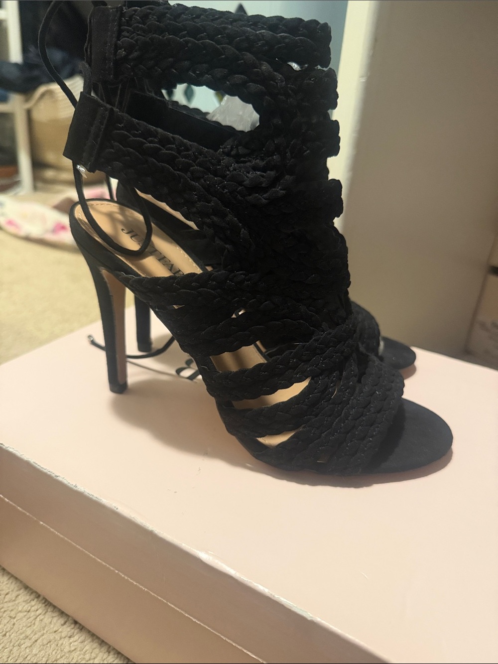 JustFab Black Braided Strappy Stiletto Heels